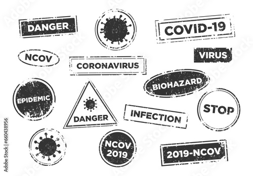 Stop virus infection text stamp template. Set stamps design element. Vector illustration.