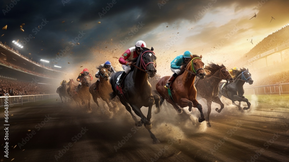 Join the virtual crowd and witness the extraordinary speed and agility of crafted racehorses.  - obrazy, fototapety, plakaty 