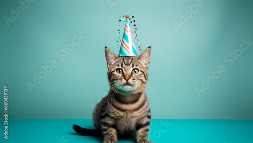 A perplexed cat with a cone hat on its head receiving a happy birthday photo