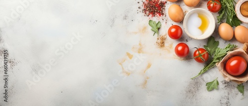 An inviting flat lay of homemade pasta-making essentials, featuring flour, eggs, and ripe tomatoes, encircling a versatile empty space, viewed from above.