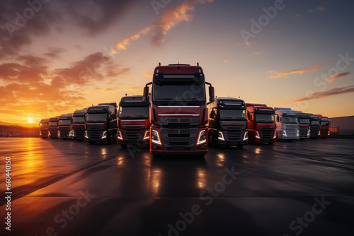 Trucks parked at sunset. Transport and logistics concept