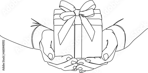 continuous single line drawing of hands holding gift box with ribbon, line art vector illustration