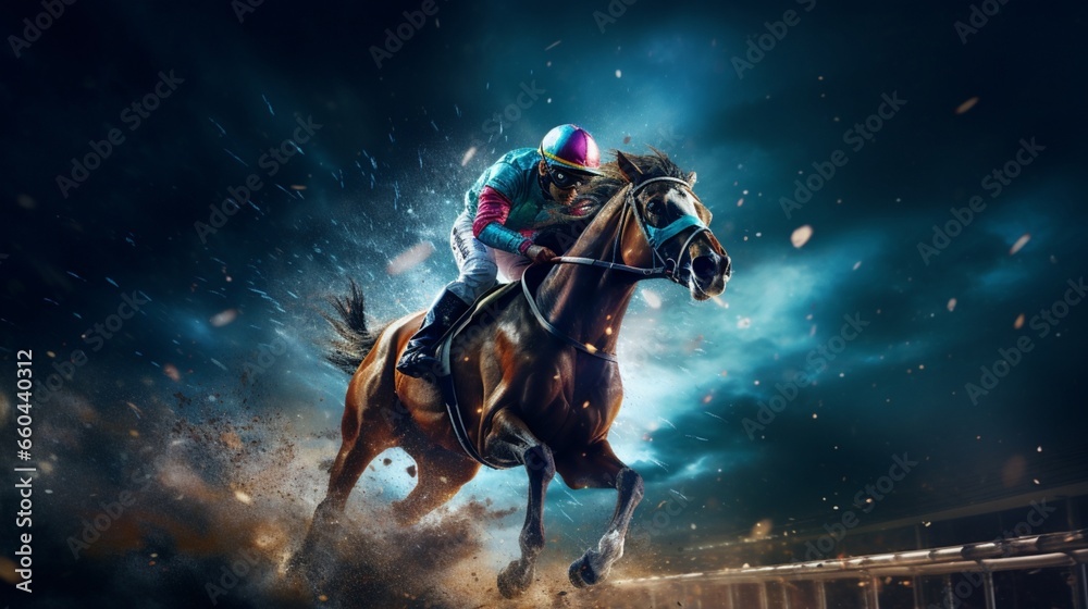 Witness the breathtaking spectacle of futuristic horse racing as virtual steeds blaze down the track.  - obrazy, fototapety, plakaty 