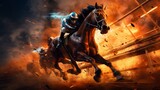 Witness the breathtaking spectacle of futuristic horse racing as steeds blaze down the track. 
