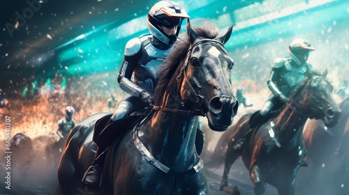 Witness the breathtaking spectacle of futuristic horse racing as virtual steeds blaze down the track. 