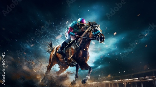 Leinwand Poster Witness the breathtaking spectacle of futuristic horse racing as virtual steeds blaze down the track