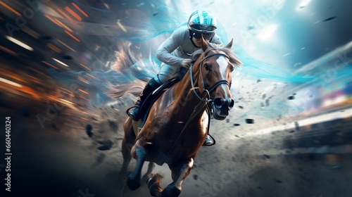 Witness the breathtaking spectacle of futuristic horse racing as virtual steeds blaze down the track. 