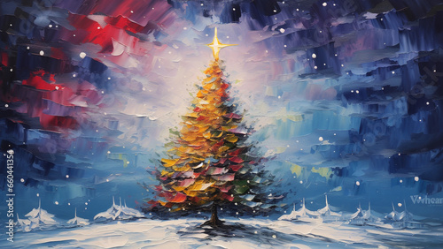 Christmas tree decorated with lights on a snowy field painted in oil © DY