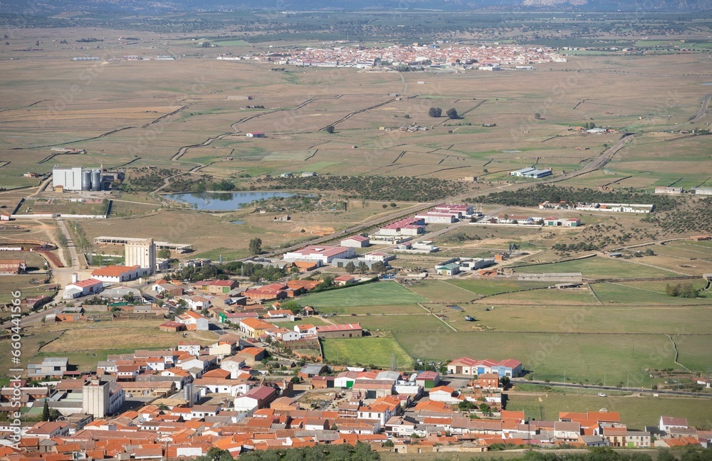 Aerial view of the village of Puebla de Alcocer in Talarrubias, Badajoz, Spain