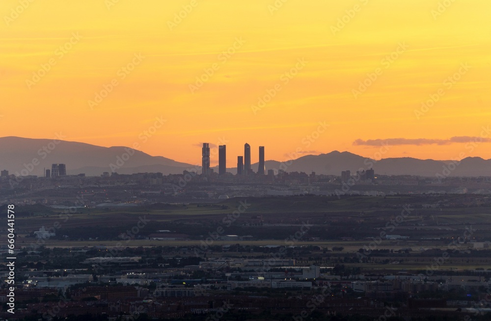 Scenic view of an orange sunset over the valley of Henares in Madrid, Spain