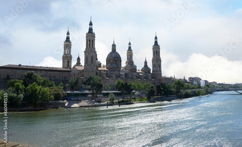 Basilica of Our Lady of Pilar and the Ebro river seen from a bridge in Zaragoza, Spain