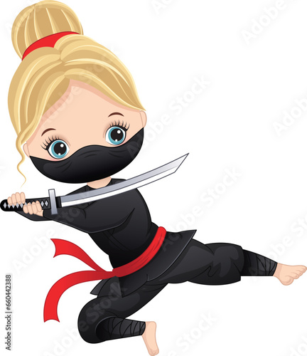 Vector Cartoon Little Girl Dressed as Ninja