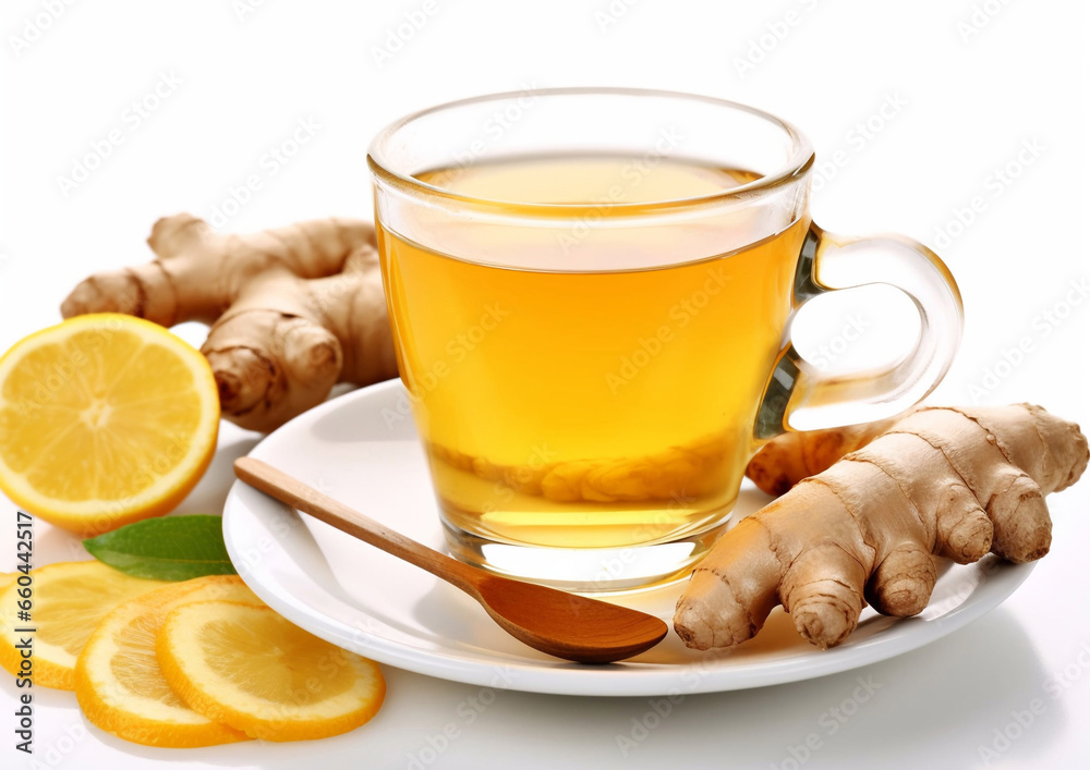 Ginger and lemon tea as perfect immune system booster and cold protection on white background.Macro.AI Generative Ginger and lemon tea as perfect immune system booster and cold protection on white background.Macro.AI Generative