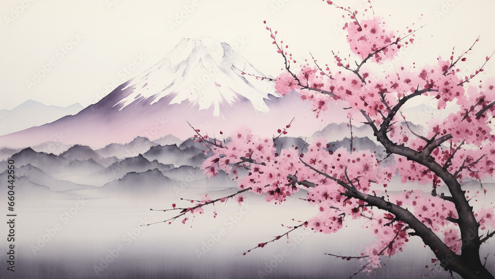 Beautiful cherry blossom scenery with a snowy mountain in the background