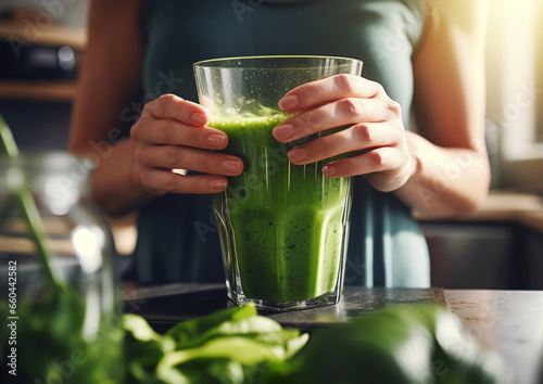 Female hands holding large jar of healthy green protein smoothie drink.Macro.AI Generative