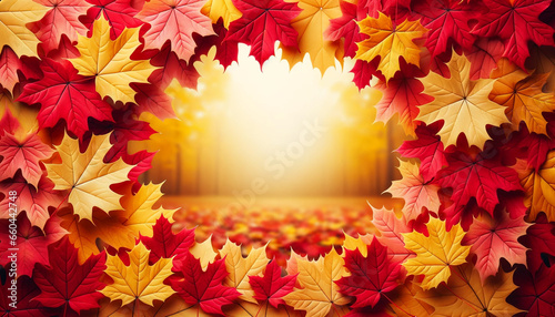 秋の紅葉の葉のイラストからなるフレーム背景、もみじ、いちょう、赤や黄色のイメージ Generative AI