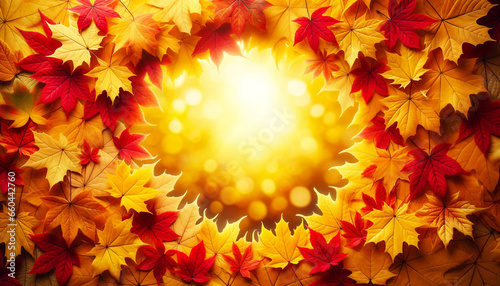 秋の紅葉の葉のイラストからなるフレーム背景、もみじ、いちょう、赤や黄色のイメージ Generative AI