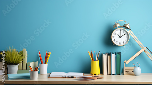 Desk showcasing school essentials, such as stationery holder, book, lamp and more on blue wall backdrop. Space for text,Study ready arrangement,Side view photo photo