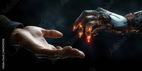 A human hand reaches out to a robot's hand. photo