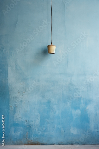 Blue and rough texture background with blank wallpaper with a lamp. Worn wall and peeling paint.