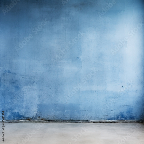 Blue and rough texture background with blank wallpaper. Worn wall and peeling paint.