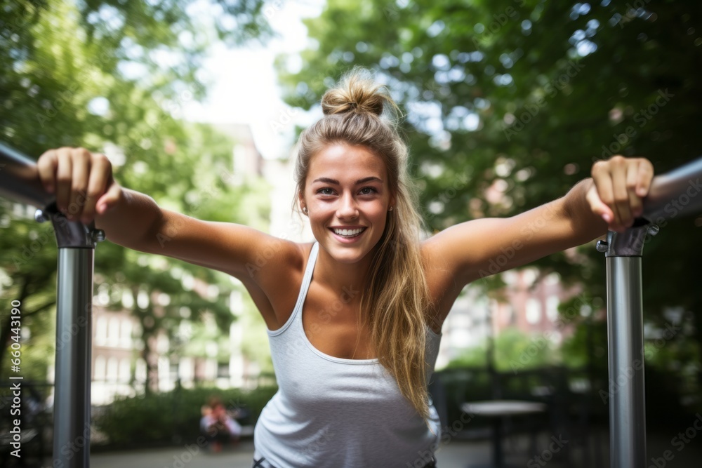 Obraz premium Group portrait photography of an energetic girl in her 20s doing calisthenics exercises on outdoor bars. With generative AI technology