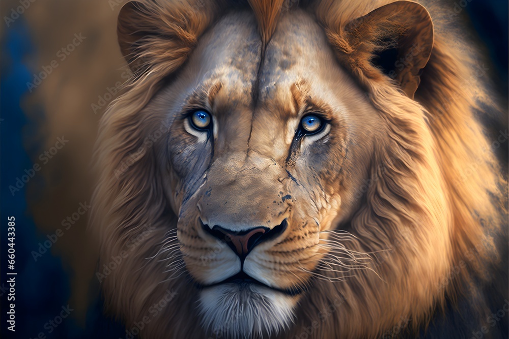 Beautiful lion portrait blue eyes full body shot ultra detailed photorealistic 