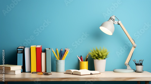 Desk showcasing school essentials, such as stationery holder, book, lamp and more on blue wall backdrop. Space for text,Study ready arrangement,Side view photo photo