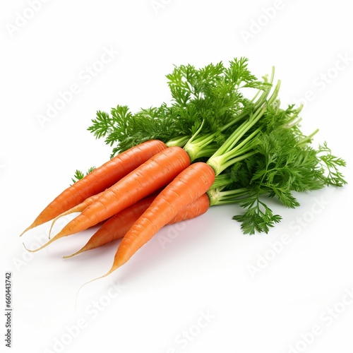 Freshly harvested carrots with green tops on a white background