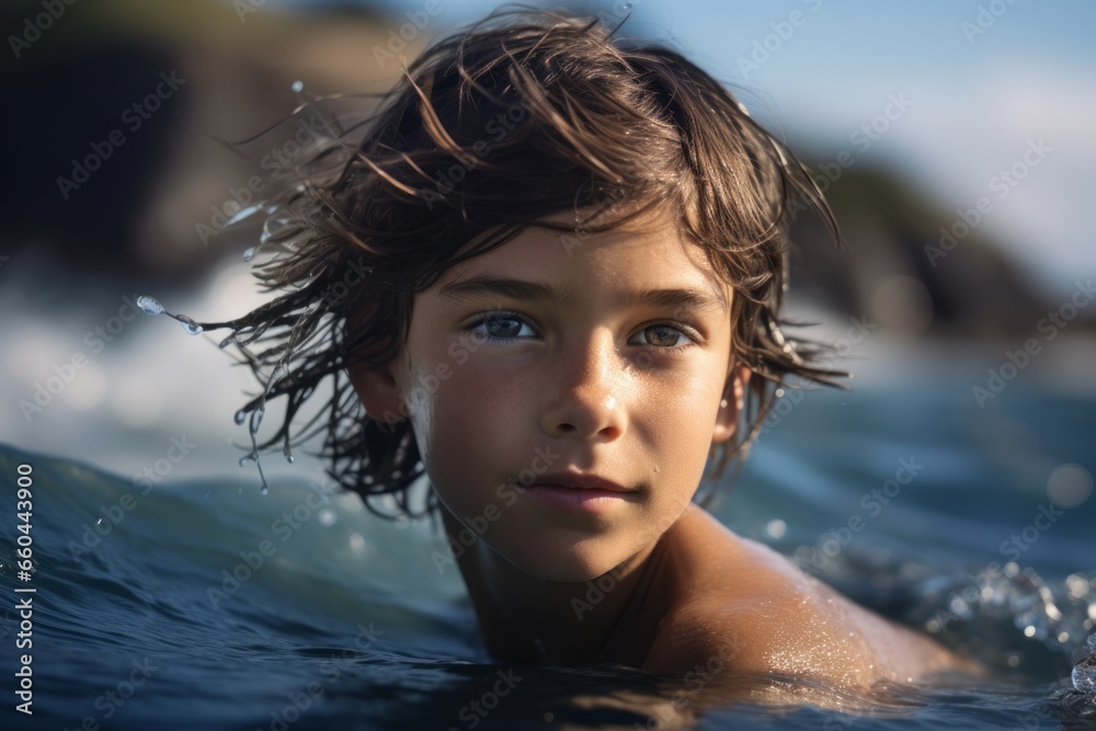 Close-up portrait photography of a handsome kid female surfing in the sea. With generative AI technology