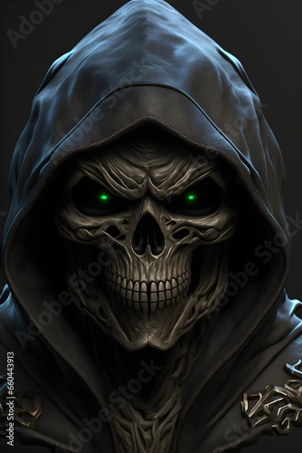 portrait of Photoreal evil skull in black hoodie whole upper body and head portrait ultrahigh definition picture quality 8K octane render photorealistic unreal engine hyper detailed volumetric 