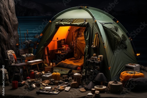 Fishing campsite with a tent  campfire  and fishing gear  capturing the essence of a fishing expedition  Generative AI
