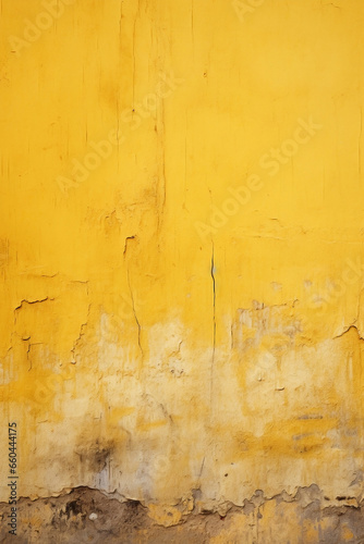 Yellow and rough texture background with blank wallpaper. Worn wall and peeling paint.