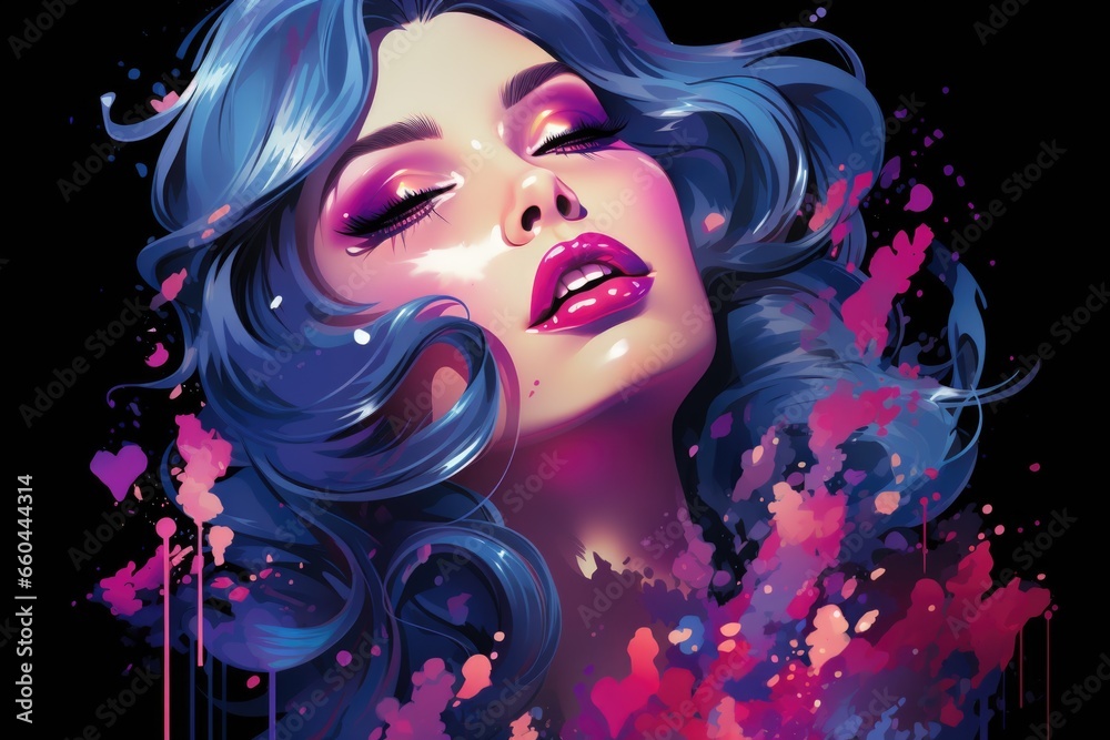 A woman with blue hair and pink makeup. Imaginary AI picture. A woman with blue hair and pink makeup. Imaginary AI picture.