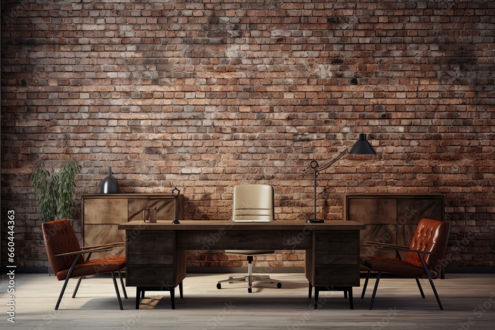 Interior of modern loft living room with brick wall and wooden furniture. 3D Rendering. Old vintage brick wall. ai generative Interior of modern loft living room with brick wall and wooden furniture. 3D Rendering. Old vintage brick wall. ai generative