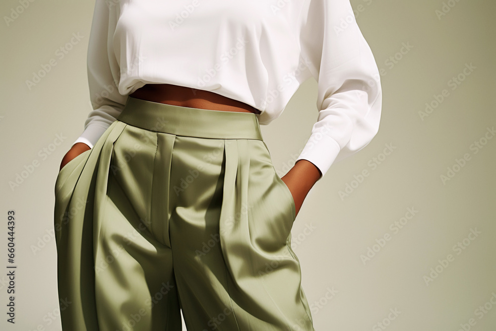 Confident and stylish African woman showcasing chic urban fashion in a studio setting.