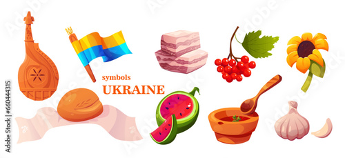 Symbols Ukraine Set. Bread with a Towel (Rushnyk), Bandura, Watermelon, Flag of Ukraine, Lard, Borsch, Garlic, Sunflower and Guelder Rose. Vector Illustration in Cartoon Style.
