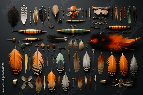 Fishing fly-tying station with feathers, hooks, and tools, showcasing the art of creating custom fishing flies, Generative AI