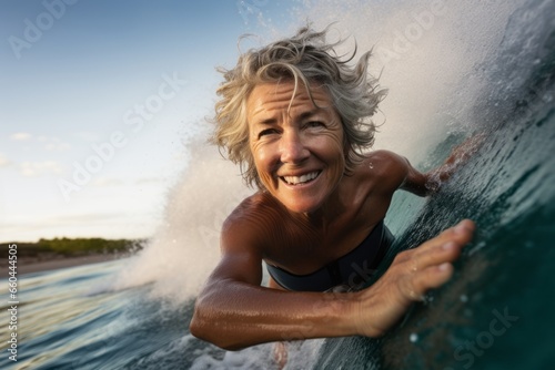 Lifestyle portrait photography of an active mature woman surfing in the sea. With generative AI technology © Markus Schröder