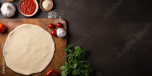 A charming flat lay of pizza preparation showcasing dough, cheese, and tomato sauce, invitingly arranged with ample empty space for text or design, viewed from above.