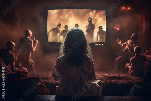 A girl watching TV with zombiess and imagining being surrounded by zombiess. Rear view. Neural network generated image. Not based on any actual person, scene or pattern.