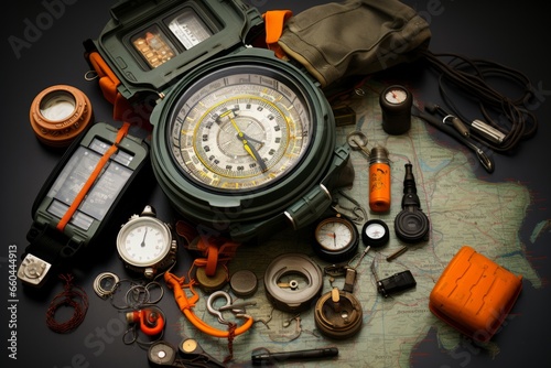 Fishing map, compass, and GPS device, emphasizing navigation in fishing, Generative AI