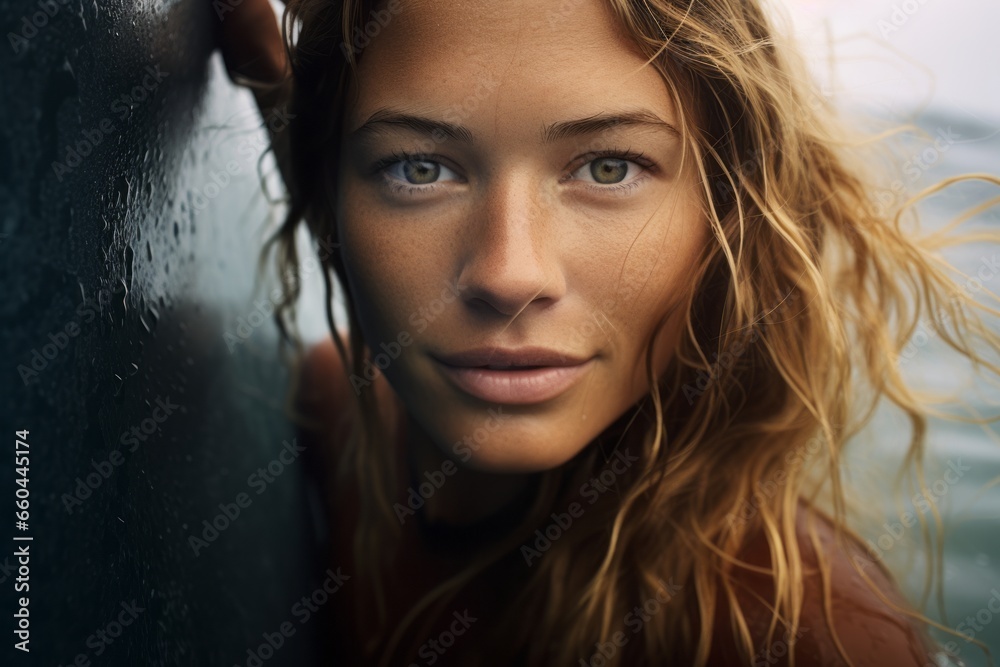 Close-up portrait photography of a relaxed girl in her 20s surfing in the sea. With generative AI technology