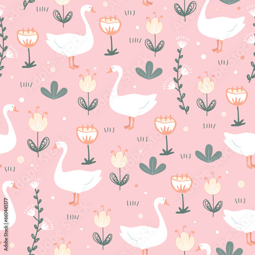 Cute seamless pattern with goose and doodle meadow flowers on pink background. Vector illustration