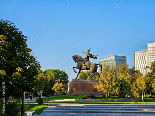 Statue of Tamerlane in the park at center of Tashkent at sunset, Uzbekistan photo
