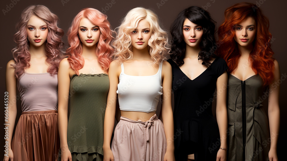 Set of modern women's youth wigs worn on mannequins - obrazy, fototapety, plakaty 