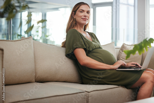 Free Download Portrait, freelance and pregnant woman with laptop on a sofa typing, search or reading at home. Maternity leave, face and female remote worker online in living room with social media, web or internet - GFXLoad