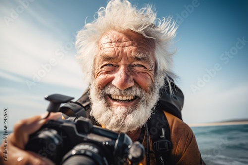 Close-up portrait photography of a relaxed old man practicing kitesurfing in the sea. With generative AI technology photo
