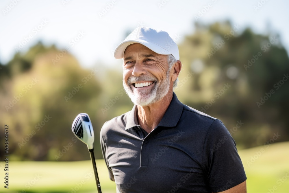 Close-up portrait photography of an inspired mature man playing golf on a course. With generative AI technology - obrazy, fototapety, plakaty 