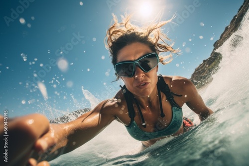 Photography in the style of pensive portraiture of an energetic mature woman doing water skiing in the sea. With generative AI technology photo